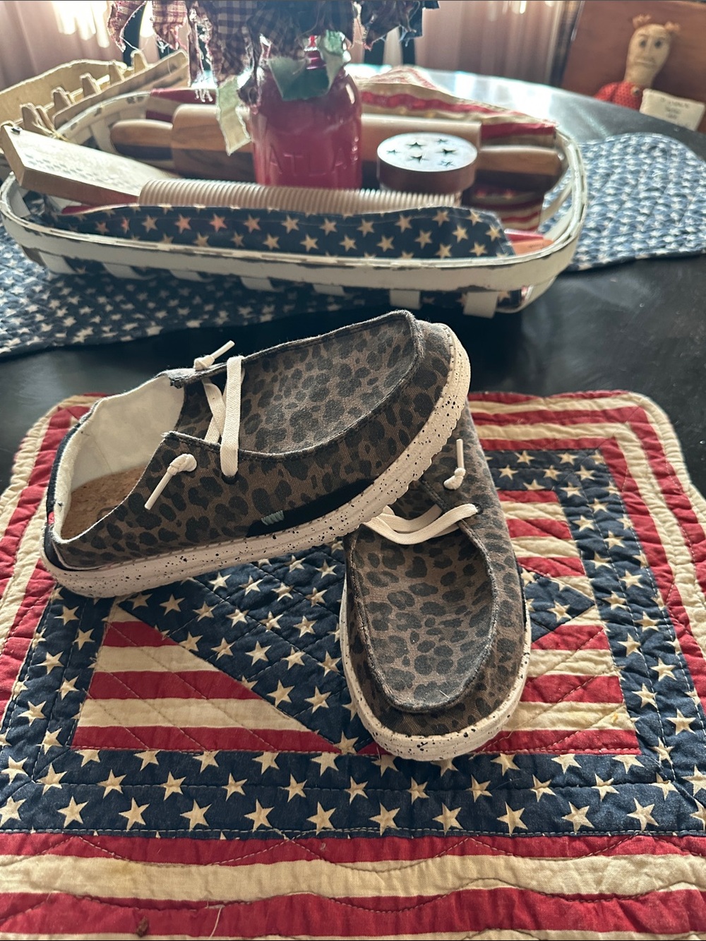 Hey Dude Womens Leopard
 Print Slip-Ons in Brown and Cream